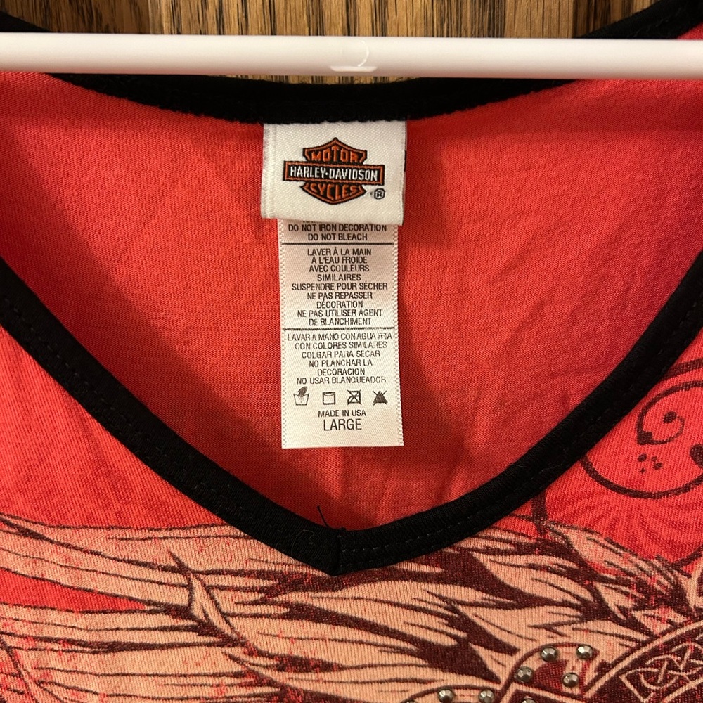 Harley-Davidson El Paso Red and Black Mesh Bejeweled Quarter Sleeve Top Large - Picture 5 of 8